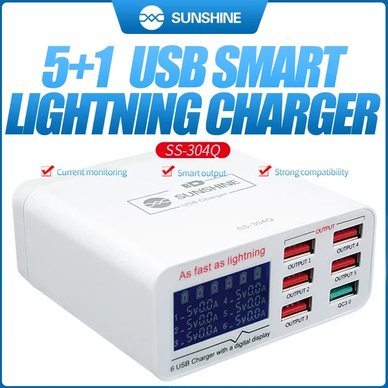 SUNSHINE SS-304Q LCD Digital Display Quick USB Smart Charger Multiple 3.0 USB Fast Charging Tools For iPhone Mobile Phone Tablet
SUNSHINE SS-304Q LCD Digital Display Quick USB Smart Charger Multiple 3.0 USB Fast Charging Tools For iPhone Mobile Phone Tablet