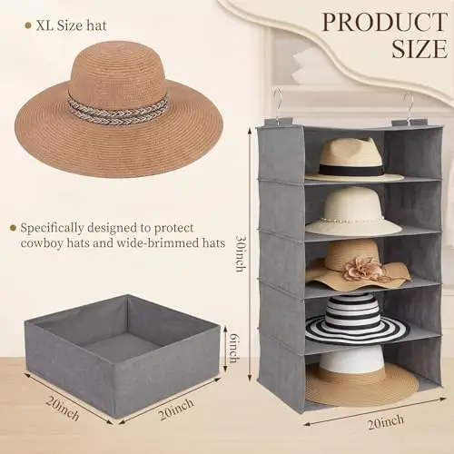 2-Pack Hanging Hat Organizer With 10 Shelves For XL Wide-Brimmed Cowboy Fedora And Sun Hats, 20 Inch Width, Space Saving Closet
2-Pack Hanging Hat Organizer With 10 Shelves For XL Wide-Brimmed Cowboy Fedora And Sun Hats, 20 Inch Width, Space Saving Closet