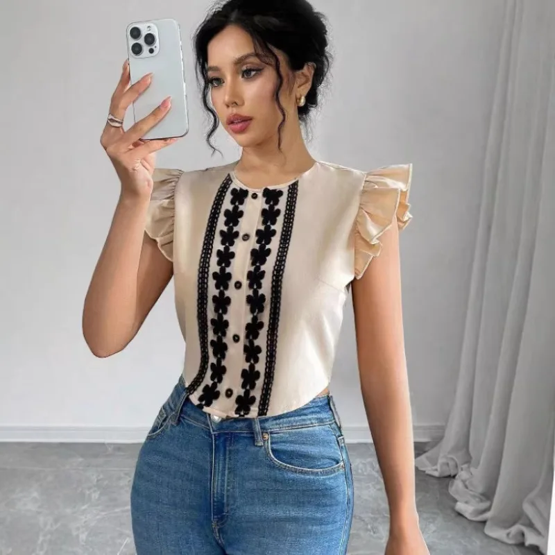 Solid Color Top Cross-border European and American Women's Clothing Simple Commuting Temperament Lace Lotus Leaf Sleeve Shirt
Solid Color Top Cross-border European and American Women's Clothing Simple Commuting Temperament Lace Lotus Leaf Sleeve Shirt