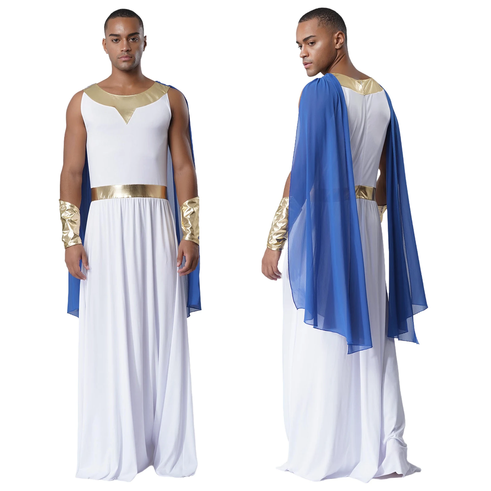 Halloween Mens Olympian Robe Royal Adjustable Shoulder Ties Back Zipper Sleeveless Toga with Bronzed Cuffs Rave Theme Party Wear
Halloween Mens Olympian Robe Royal Adjustable Shoulder Ties Back Zipper Sleeveless Toga with Bronzed Cuffs Rave Theme Party Wear