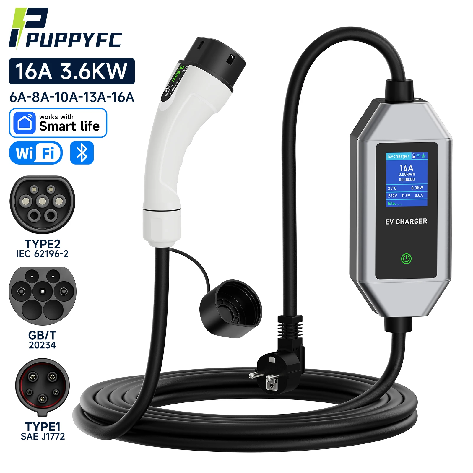 Puppyfc Portable EV Charger 3.6KW Electric Car Charger Type2/Type1 EVSE Fast Charging GBT Wallbox WiFi APP Bluetooth Control
Puppyfc Portable EV Charger 3.6KW Electric Car Charger Type2/Type1 EVSE Fast Charging GBT Wallbox WiFi APP Bluetooth Control
