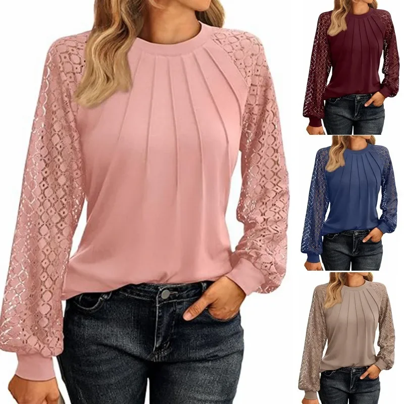 Elegant Lace Pleated Solid Color Shirts Women's Round Neck Lantern Long Sleeved Blouse Autumn Daily Casual Top
Elegant Lace Pleated Solid Color Shirts Women's Round Neck Lantern Long Sleeved Blouse Autumn Daily Casual Top