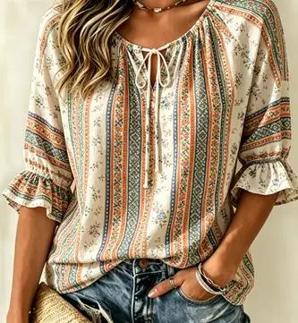 Women's Boho Ethnic Striped Blouse Orange Green Vintage Tie Neck Ruffled 3/4 Sleeve Loose Casual Vacation Daily Top
Women's Boho Ethnic Striped Blouse Orange Green Vintage Tie Neck Ruffled 3/4 Sleeve Loose Casual Vacation Daily Top