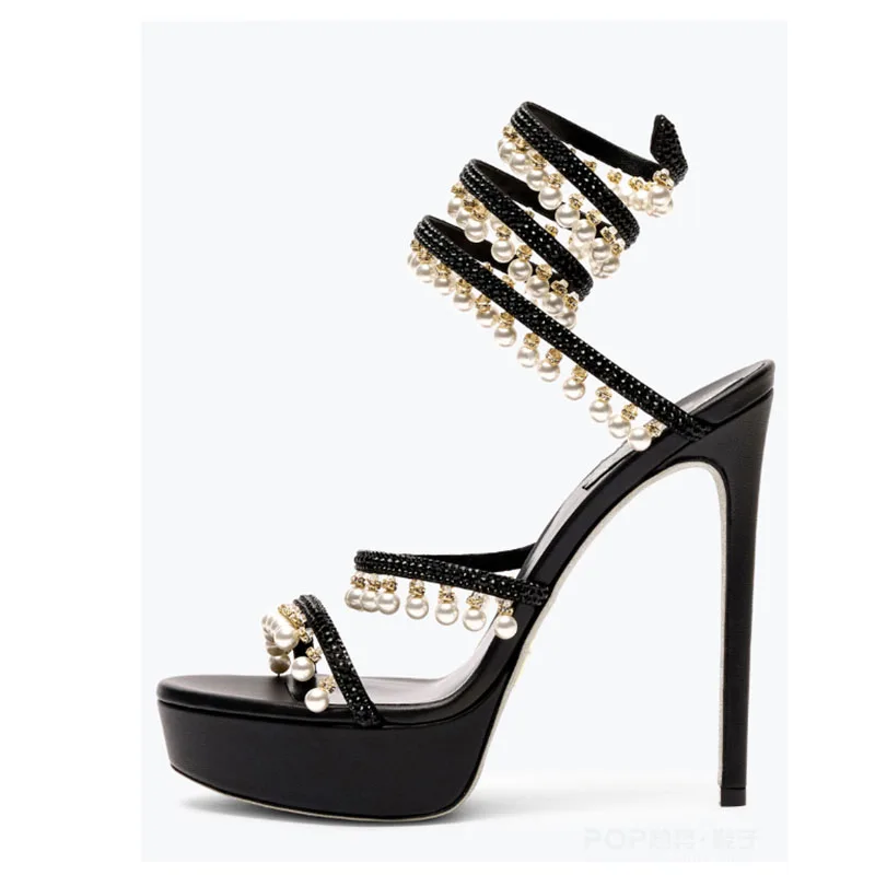 Summer pearl pendant rhinestone exposed toe high heels thin heels snake-shaped surround dance party women's sandals prom Party
Summer pearl pendant rhinestone exposed toe high heels thin heels snake-shaped surround dance party women's sandals prom Party