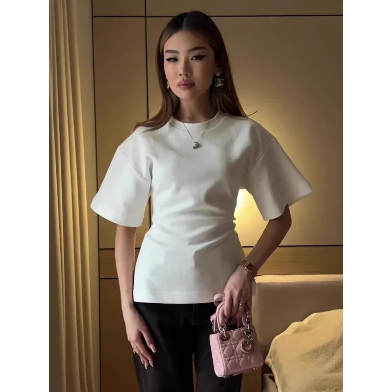 Women Casual Solid Waist Cinching T-shirt Summer Chic Round Neck Short-sleeved Slim Crop Top Versatile Street Lady Pullover Tees
Women Casual Solid Waist Cinching T-shirt Summer Chic Round Neck Short-sleeved Slim Crop Top Versatile Street Lady Pullover Tees