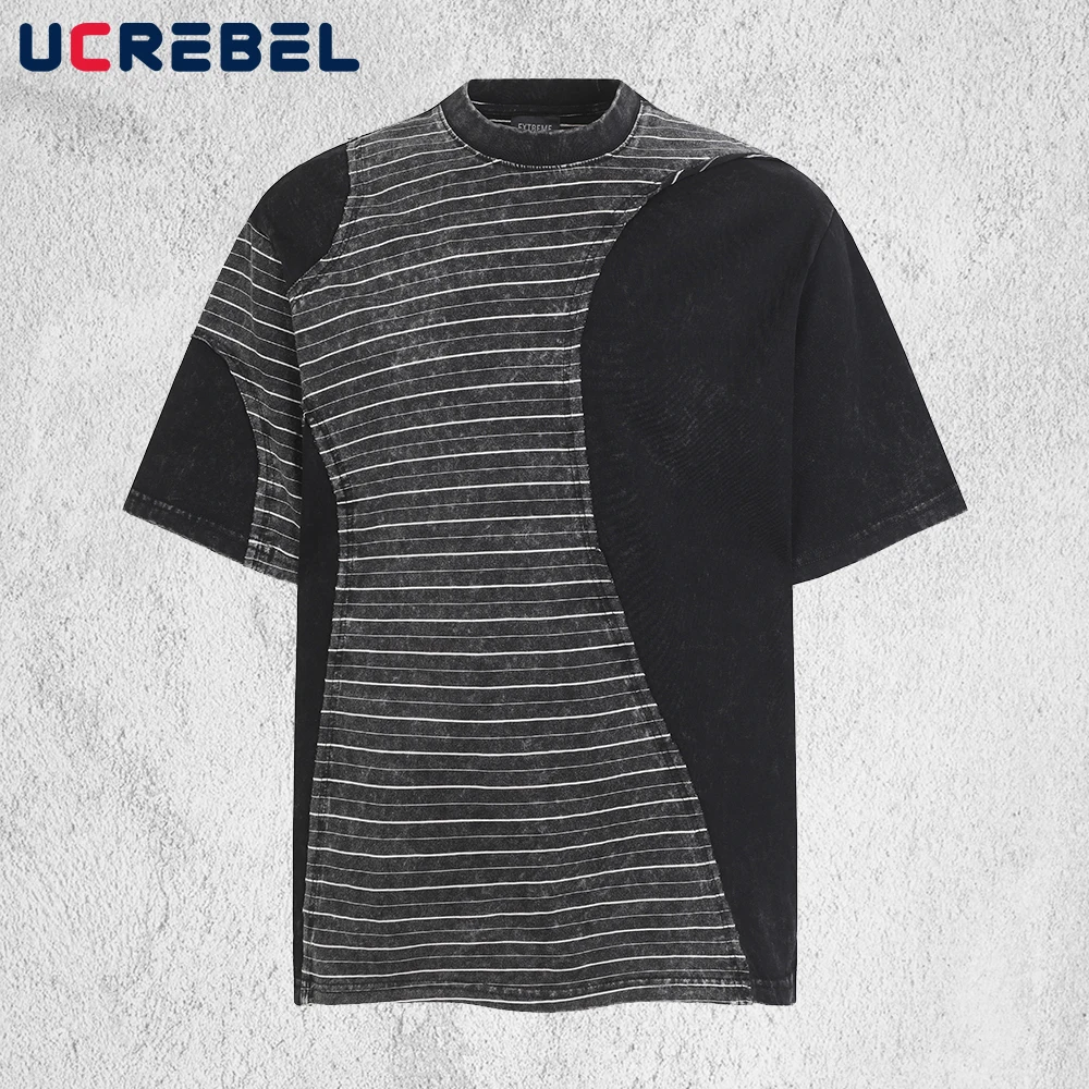 Striped Patchwork Short Sleeve T-shirt Mens Summer Retro High Street Washed Distressed Crew Neck Half-Sleeve Cotton Tee Man
Striped Patchwork Short Sleeve T-shirt Mens Summer Retro High Street Washed Distressed Crew Neck Half-Sleeve Cotton Tee Man