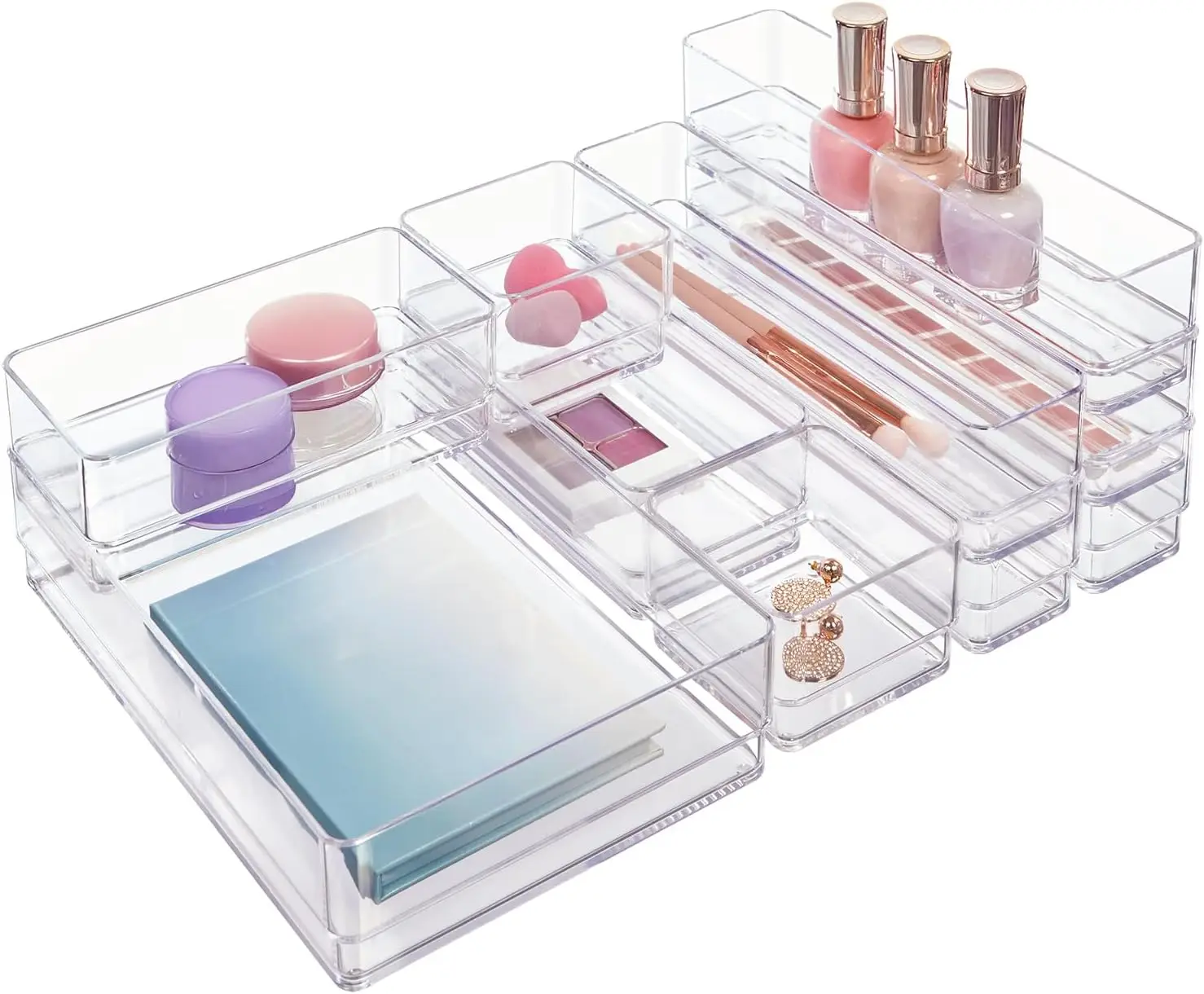 10-Piece Stackable Clear Drawer Organizer Set | Multi-size Trays for Makeup Vanity and Office Desk Storage
10-Piece Stackable Clear Drawer Organizer Set | Multi-size Trays for Makeup Vanity and Office Desk Storage