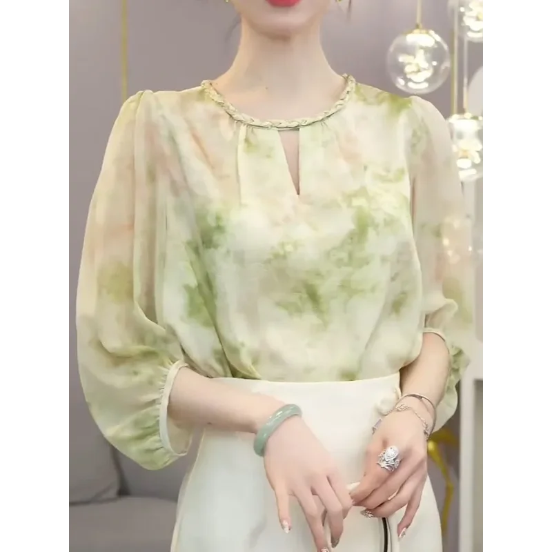 Женская зеленая блузка из прозрачного шифона с эффектом тай-дай, вырезом-лодочкой и рукавами 3/4 с пышными рукавами, повседневная
Женская зеленая блузка из прозрачного шифона с эффектом тай-дай, вырезом-лодочкой и рукавами 3/4 с пышными рукавами, повседневная