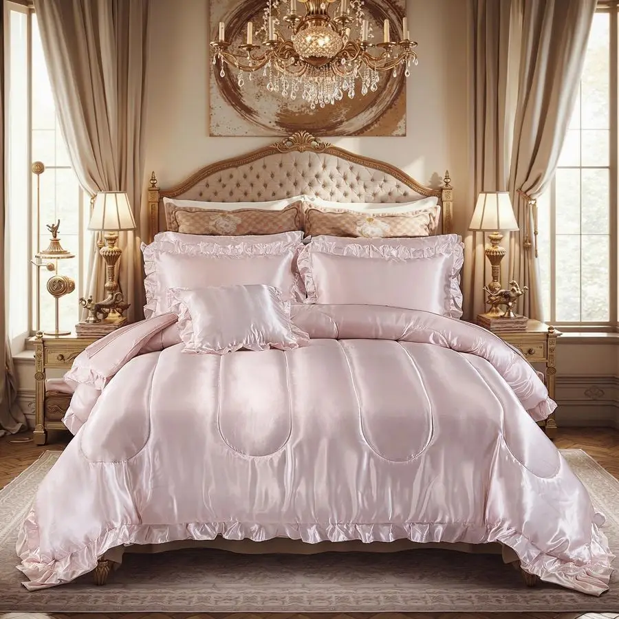 Silky Comforter Set with Sheet Set King 8 Pieces Light Pink Bedding Set Silk Like Satin Ruffle Pattern Home Deocr Sexy Hotel Sil
Silky Comforter Set with Sheet Set King 8 Pieces Light Pink Bedding Set Silk Like Satin Ruffle Pattern Home Deocr Sexy Hotel Sil