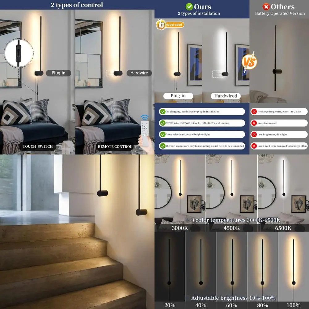 2-Pack Adjustable LED Wall Sconces, Black 23.6 Dimmable Lights with Remote, Color Temperature and Brightness Control, Timer Func
2-Pack Adjustable LED Wall Sconces, Black 23.6 Dimmable Lights with Remote, Color Temperature and Brightness Control, Timer Func