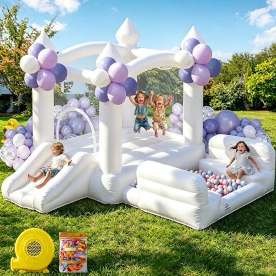 Outdoor and indoor white bounce house for kids 3-8, inflatable bouncy castle with air blower, slide, ball pit, jumping area, 10
Outdoor and indoor white bounce house for kids 3-8, inflatable bouncy castle with air blower, slide, ball pit, jumping area, 10