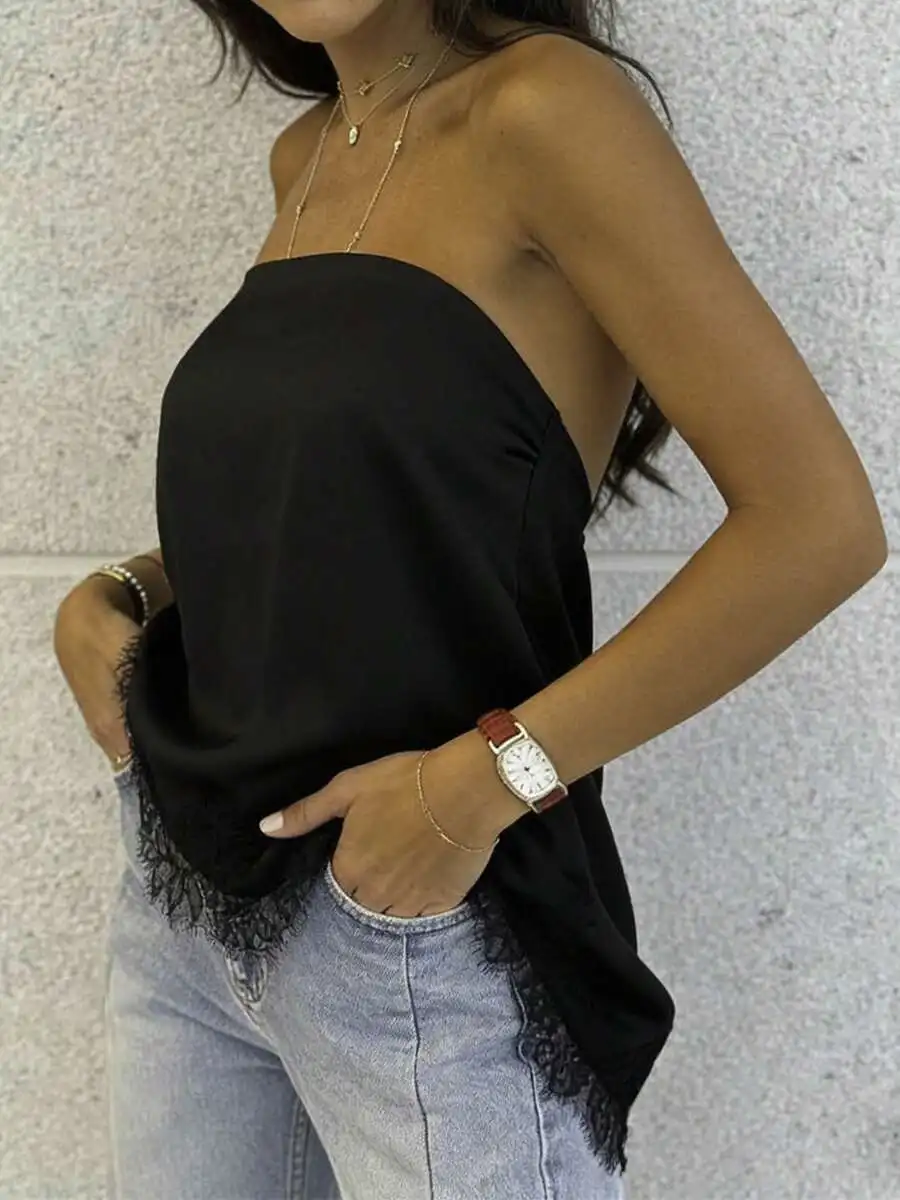 Women Lace Trim Satin Strapless Top Asymmetrical Hem Backless Tank Summer Minimalist Solid Color
Women Lace Trim Satin Strapless Top Asymmetrical Hem Backless Tank Summer Minimalist Solid Color