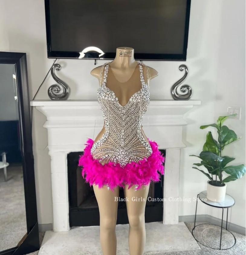 Luxury Feather Short Homecoming Party Dress Sexy See Through Mesh Diamante Beaded Black Girl Queen Dress formal dress Custom 
Luxury Feather Short Homecoming Party Dress Sexy See Through Mesh Diamante Beaded Black Girl Queen Dress formal dress Custom