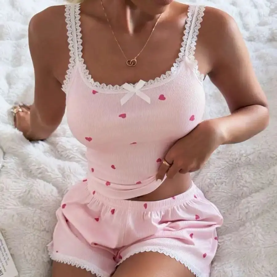 Women's Sleepwear Pink Heart & Ribbed Lace Silk Camisole Shorts Pajama Set Two-Piece V-Neck Suspender Bow Loungewear Summer
Women's Sleepwear Pink Heart & Ribbed Lace Silk Camisole Shorts Pajama Set Two-Piece V-Neck Suspender Bow Loungewear Summer
