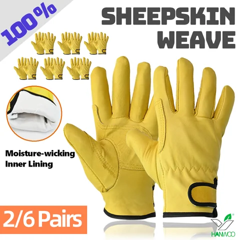 2/6 Pairs Leather Knit Work Gloves, 100% Sheepskin Gloves, Safety Work Anti-slip and Wear-resistant,Unisex,Carpentry, Gardening