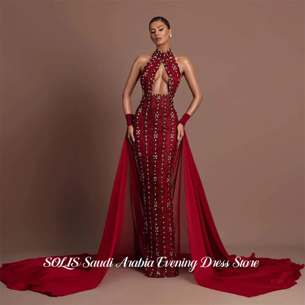 SOLIS Red Evening Gown Halter Neck Sequin Prom Dress Cut Out Wedding Evening Dresses Sexy Open Back robes de soirée Customized
SOLIS Red Evening Gown Halter Neck Sequin Prom Dress Cut Out Wedding Evening Dresses Sexy Open Back robes de soirée Customized