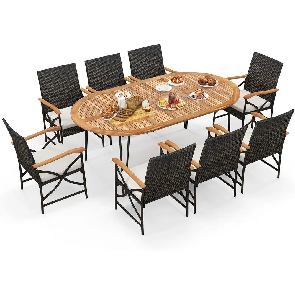 9-Piece Outdoor Rattan Dining Set with Acacia Wood Table, 8 Wicker Chairs, Umbrella Hole, Cushions
9-Piece Outdoor Rattan Dining Set with Acacia Wood Table, 8 Wicker Chairs, Umbrella Hole, Cushions