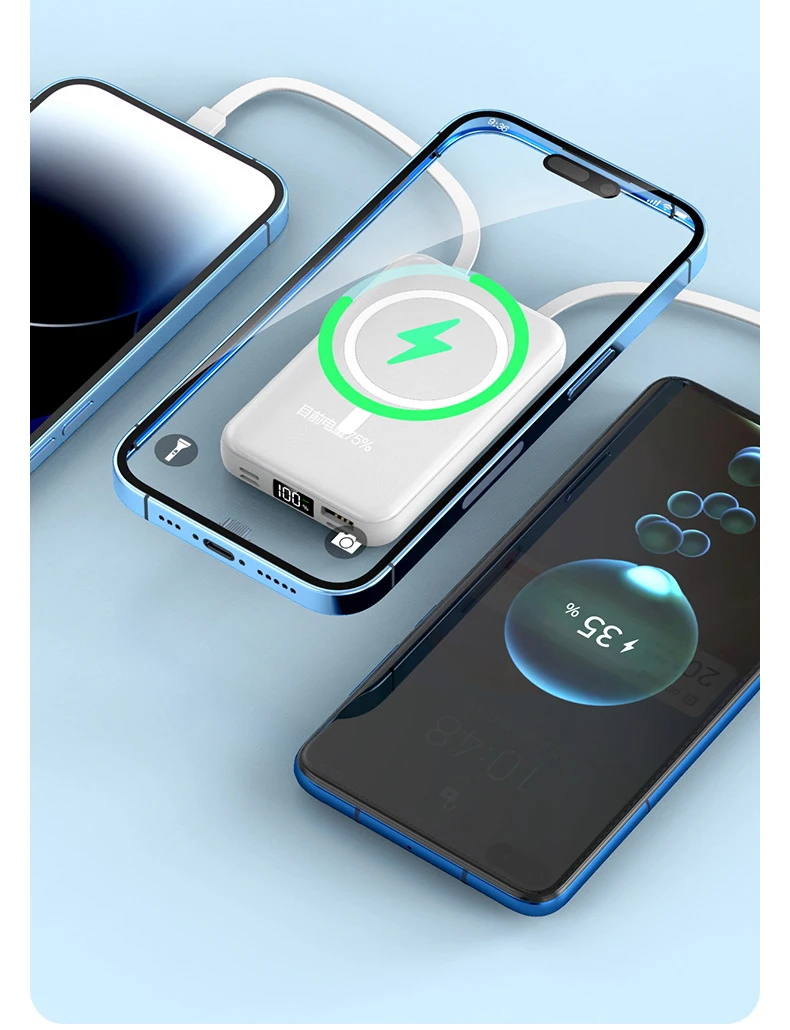 20W 10000mAh fast charging external battery, magnetic wireless/wired charging, suitable for iPhone, Samsung, Xiaomi power banks
20W 10000mAh fast charging external battery, magnetic wireless/wired charging, suitable for iPhone, Samsung, Xiaomi power banks