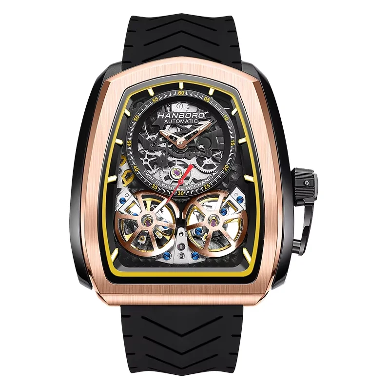 HANBORO Men Automatic Watch Fashion Tonneau Mechanical Wristwatch Luminous Waterproof Skeleton Dual Flywheel Dial Shanghai JH33
HANBORO Men Automatic Watch Fashion Tonneau Mechanical Wristwatch Luminous Waterproof Skeleton Dual Flywheel Dial Shanghai JH33