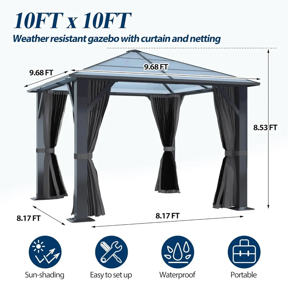 10FT X 10FT Outdoor Translucent Polycarbonate Hardtop Gazebo with Steel Frame Breathable Customizable Patio Cover
10FT X 10FT Outdoor Translucent Polycarbonate Hardtop Gazebo with Steel Frame Breathable Customizable Patio Cover