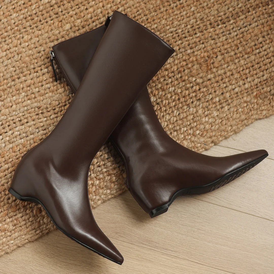 Women's genuine leather pointed toe back zip autumn knee high boots 5.5cm wedge high heel elegant ladies long boots shoes woman
Women's genuine leather pointed toe back zip autumn knee high boots 5.5cm wedge high heel elegant ladies long boots shoes woman