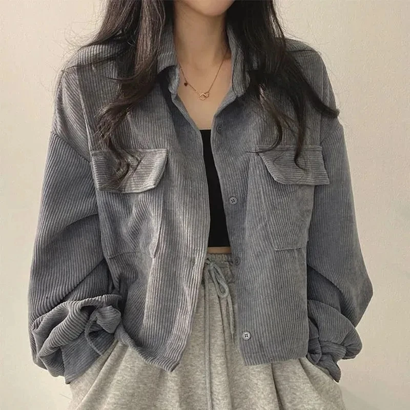 Women Vintage Corduroy Cropped Jacket Korean Fashion Long Sleeve Drawstring Blouses Female Loose Single Breasted Coats Cardigan
Women Vintage Corduroy Cropped Jacket Korean Fashion Long Sleeve Drawstring Blouses Female Loose Single Breasted Coats Cardigan