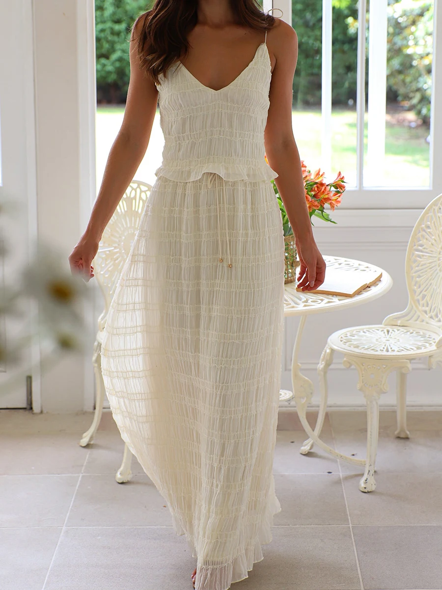 New Fashion Women Skirt Set Shirred V Neck Tie Shoulder Cami Tops Drawstring Long Skirt 2 Piece Outfit Hot Sale S M L
New Fashion Women Skirt Set Shirred V Neck Tie Shoulder Cami Tops Drawstring Long Skirt 2 Piece Outfit Hot Sale S M L