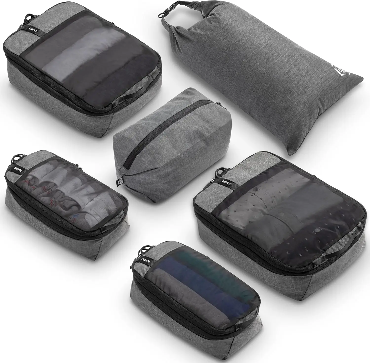 6-Piece Compression Packing Cubes for Travel, Space Saving Organizer Bags with Laundry & Shoe Bag, Grey Mesh
6-Piece Compression Packing Cubes for Travel, Space Saving Organizer Bags with Laundry & Shoe Bag, Grey Mesh