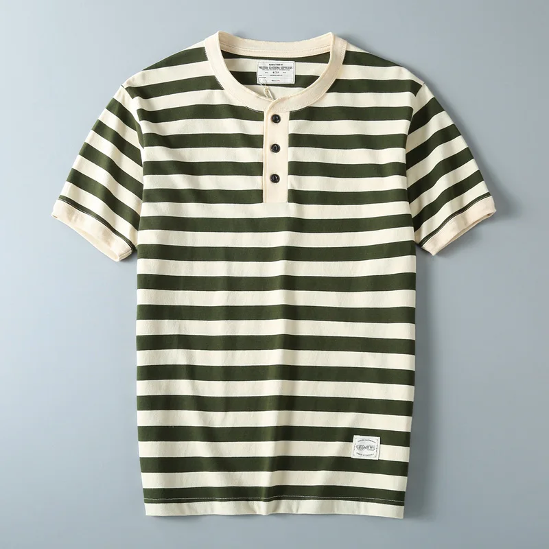 Лето 2022, новая полосатая футболка в американском стиле ретро с короткими рукавами и воротником Генри, мужская мода, повседневные спортивные топы из 100% хлопка
Лето 2022, новая полосатая футболка в американском стиле ретро с короткими рукавами и воротником Генри, мужская мода, повседневные спортивные топы из 100% хлопка