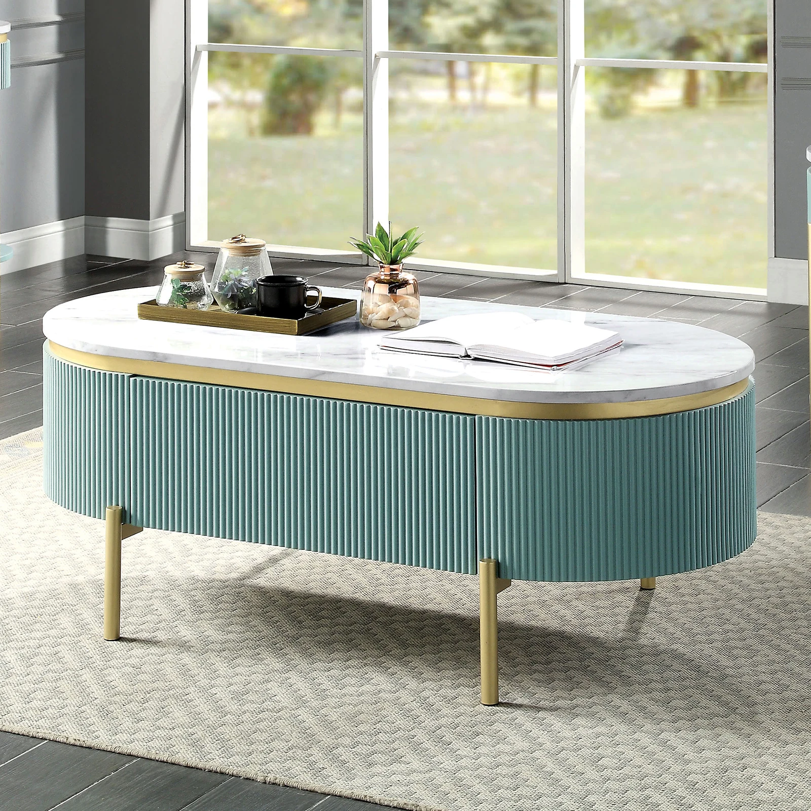 Glam Contemporary Light Teal 1pc Coffee Table White Faux Marble Top Living Room Table W Drawer
Glam Contemporary Light Teal 1pc Coffee Table White Faux Marble Top Living Room Table W Drawer
