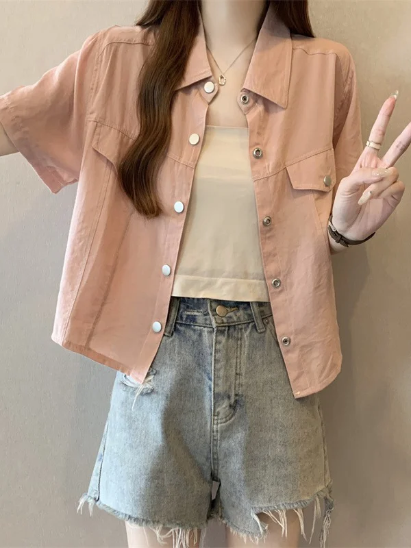 Pink Workwear Style Short Sleeve Shirt Women's Shoulder Length Outerwear Summer New plus Size Sweet And Salty Top
Pink Workwear Style Short Sleeve Shirt Women's Shoulder Length Outerwear Summer New plus Size Sweet And Salty Top