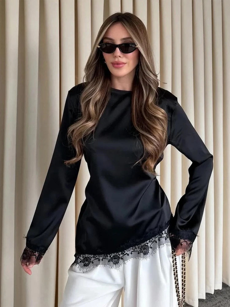 Lace Cuffs Hem Top Casual Round Neck Satin Patchwork Short Sleeve Waist Cincher Mid-length Women's Shirt 2026 Lady Blouses New
Lace Cuffs Hem Top Casual Round Neck Satin Patchwork Short Sleeve Waist Cincher Mid-length Women's Shirt 2026 Lady Blouses New