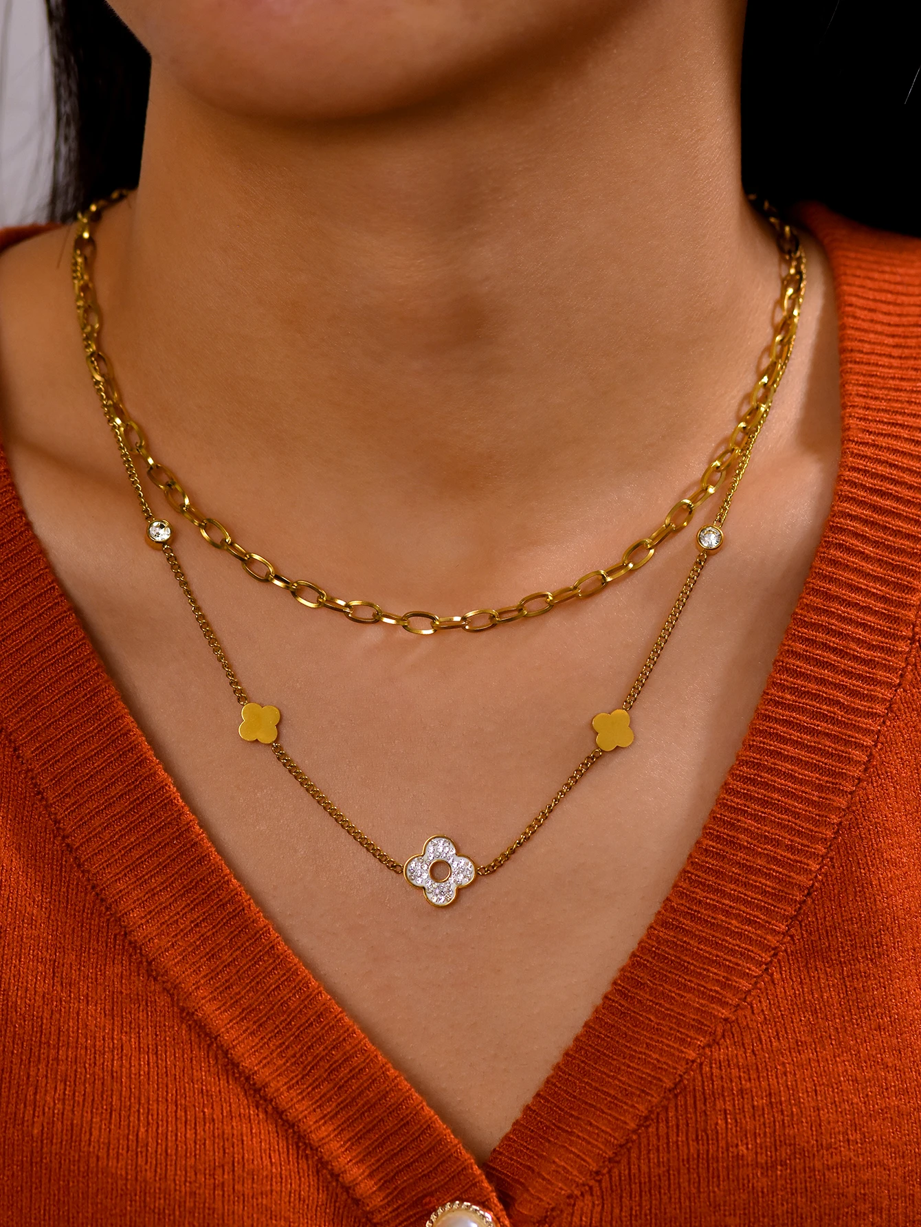 1 piece light luxury simple double layer stainless steel with zirconia four-leaf clover necklace, suitable for daily accessories
1 piece light luxury simple double layer stainless steel with zirconia four-leaf clover necklace, suitable for daily accessories