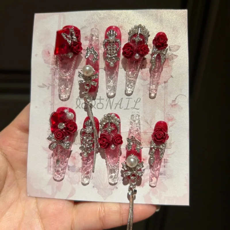 10-piece Handmade Transparent Red Rose Nail Art Set, Suitable for Spring and Summer, Brightening and Whitening False Nails.
10-piece Handmade Transparent Red Rose Nail Art Set, Suitable for Spring and Summer, Brightening and Whitening False Nails.