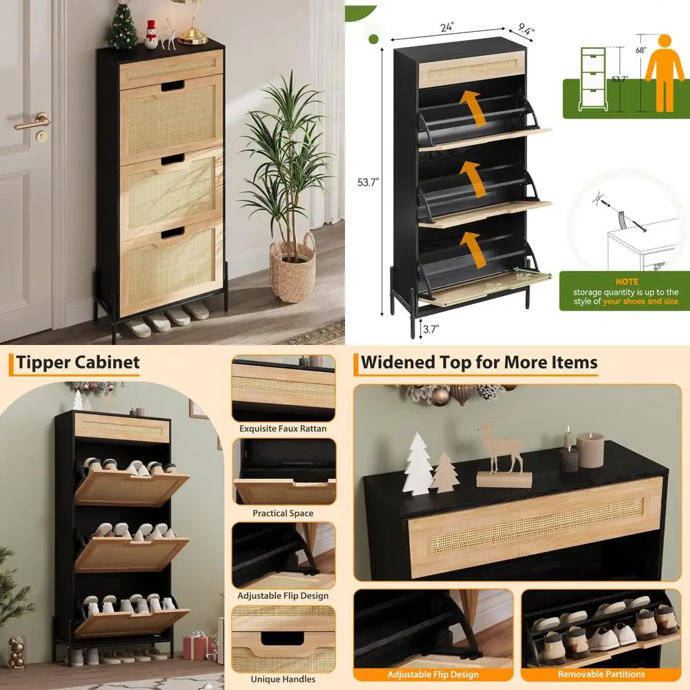 Adjustable Shelf Rattan Shoe Rack Cabinet with Drawer, Freestanding Storage Organizer for Shoe Storage Solutions