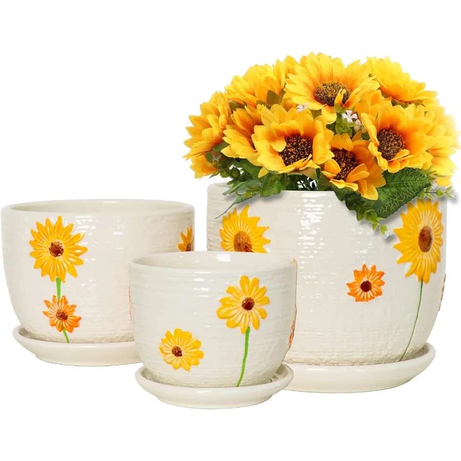 Plant PotsSet of 3 Ceramic Sunflower Flower Pots for Indoor Plants 4+5+6 inch Pots with Drainage Hole Saucer Garden Pots Catus
Plant PotsSet of 3 Ceramic Sunflower Flower Pots for Indoor Plants 4+5+6 inch Pots with Drainage Hole Saucer Garden Pots Catus