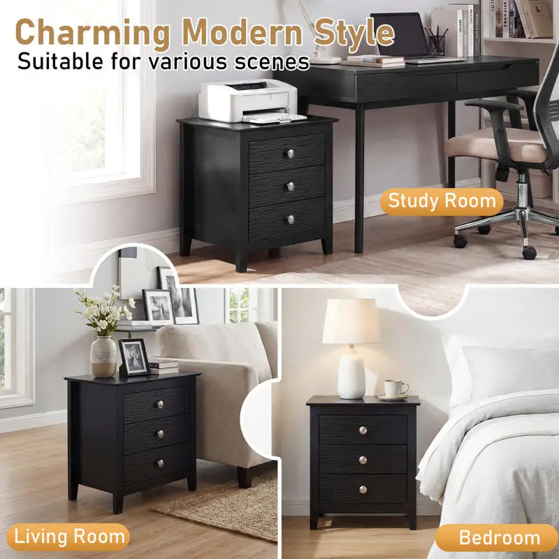 Modern Farmhouse 3-Drawer NightStand with Wood Grain Accents and Sleek Knobs-Black
Modern Farmhouse 3-Drawer NightStand with Wood Grain Accents and Sleek Knobs-Black