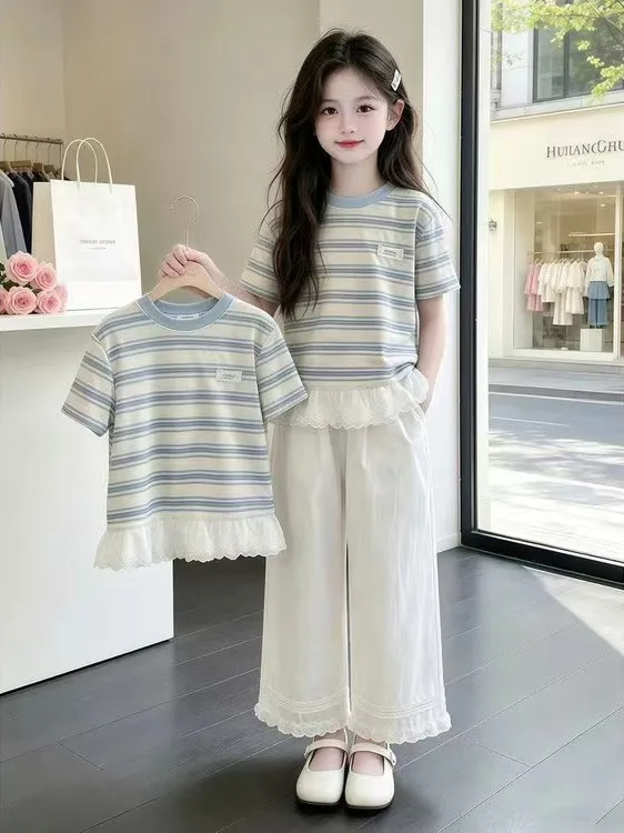 Girls Summer Striped Lace Short Sleeve T-Shirt Casual Pants Set Two Piece Suite Breathable round Neck T-Shirt for Children
Girls Summer Striped Lace Short Sleeve T-Shirt Casual Pants Set Two Piece Suite Breathable round Neck T-Shirt for Children