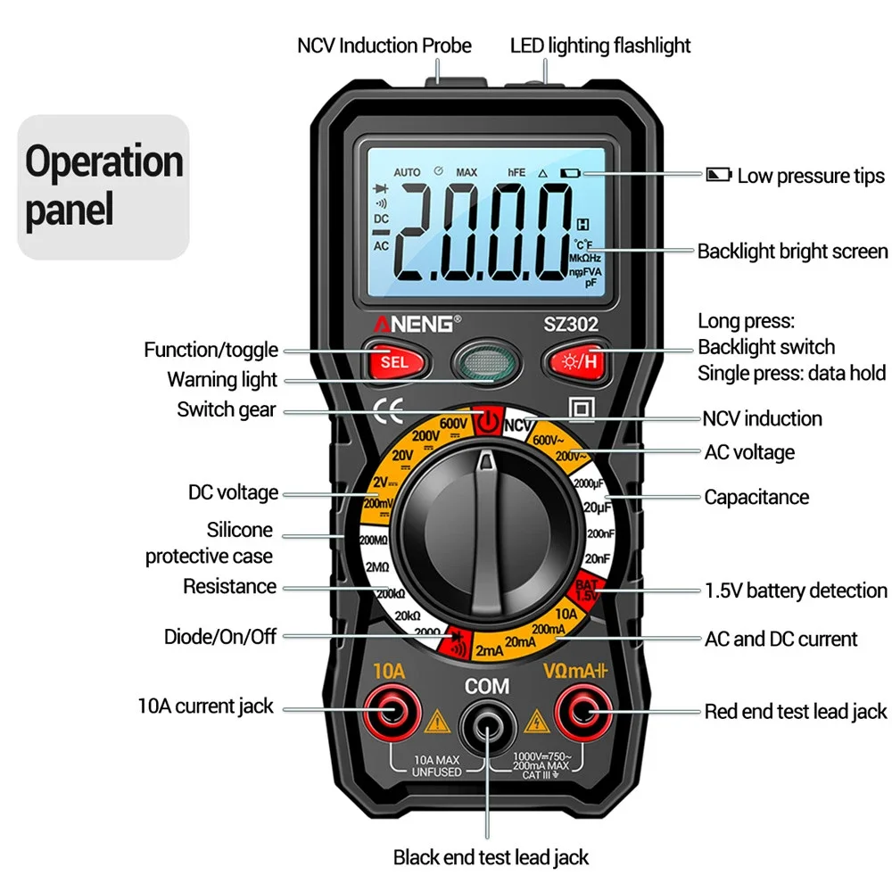 ANENG SZ301 SZ302 Digital Multimeter Auto Range AC DC Voltmeter Voltage Resistance Capacitor Diode NCV Multimetro Tester
ANENG SZ301 SZ302 Digital Multimeter Auto Range AC DC Voltmeter Voltage Resistance Capacitor Diode NCV Multimetro Tester