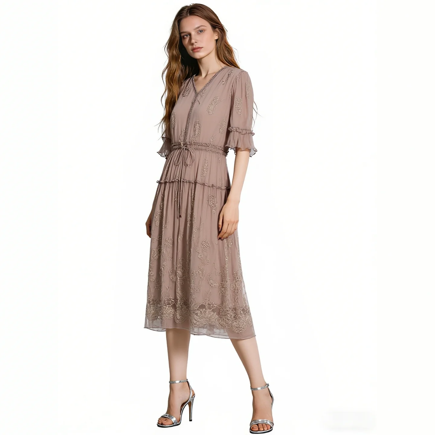 2026 Spring Floral Embroidered Chiffon Midi Dress V-Neck Ruffle Sleeve Tie Waist Elegant Dresses Haze Blue & Light Coffee
2026 Spring Floral Embroidered Chiffon Midi Dress V-Neck Ruffle Sleeve Tie Waist Elegant Dresses Haze Blue & Light Coffee
