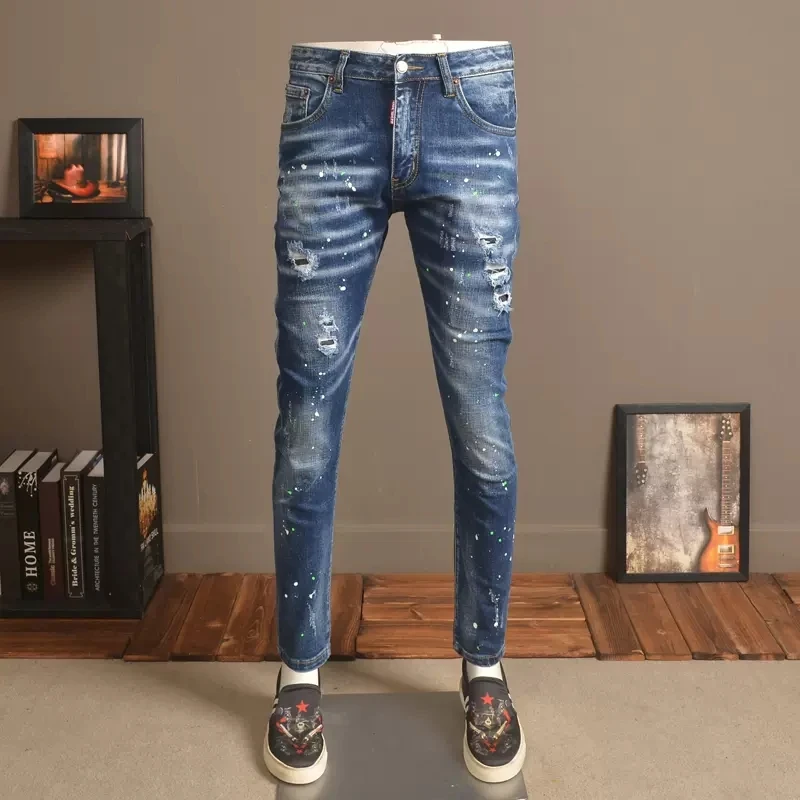 Streetwear Fashion Men Jeans Retro Blue Stretch Slim Fit Hole Ripped Jeans Men Elastic Painted Designer Vintage Pants Hombre
Streetwear Fashion Men Jeans Retro Blue Stretch Slim Fit Hole Ripped Jeans Men Elastic Painted Designer Vintage Pants Hombre