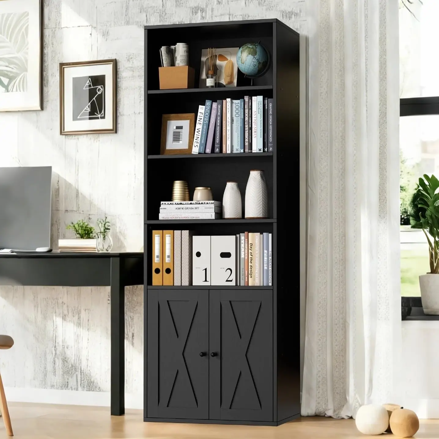 Tall 6-Tier Wood Bookcase with Doors Storage Display Shelf 71in Black, Customized
Tall 6-Tier Wood Bookcase with Doors Storage Display Shelf 71in Black, Customized