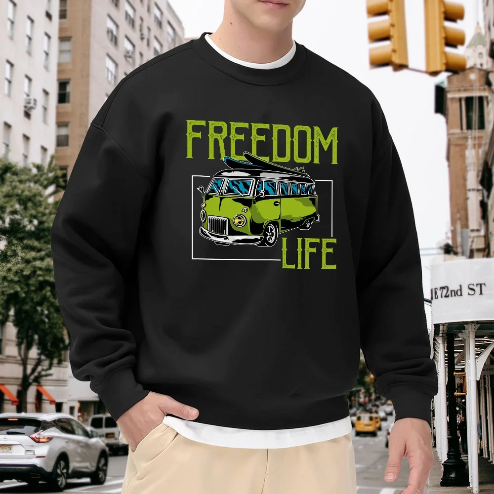 Men's Black Crew Neck Loose Sweatshirt with Vintage Bus Print Pattern, Street Fashion Casual Top, Comfortable and Versatile for Everyday Wear, Letter Print Design
Men's Black Crew Neck Loose Sweatshirt with Vintage Bus Print Pattern, Street Fashion Casual Top, Comfortable and Versatile for Everyday Wear, Letter Print Design