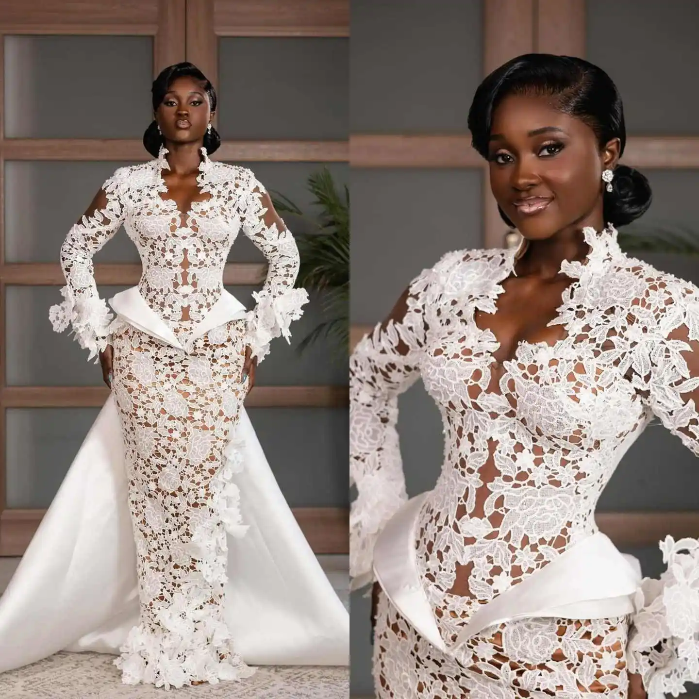 Африканские свадебные платья в стиле русалки с иллюзорным кружевом, аппликациями, V-образным вырезом, длинными рукавами, на заказ, со съемными элементами
Африканские свадебные платья в стиле русалки с иллюзорным кружевом, аппликациями, V-образным вырезом, длинными рукавами, на заказ, со съемными элементами