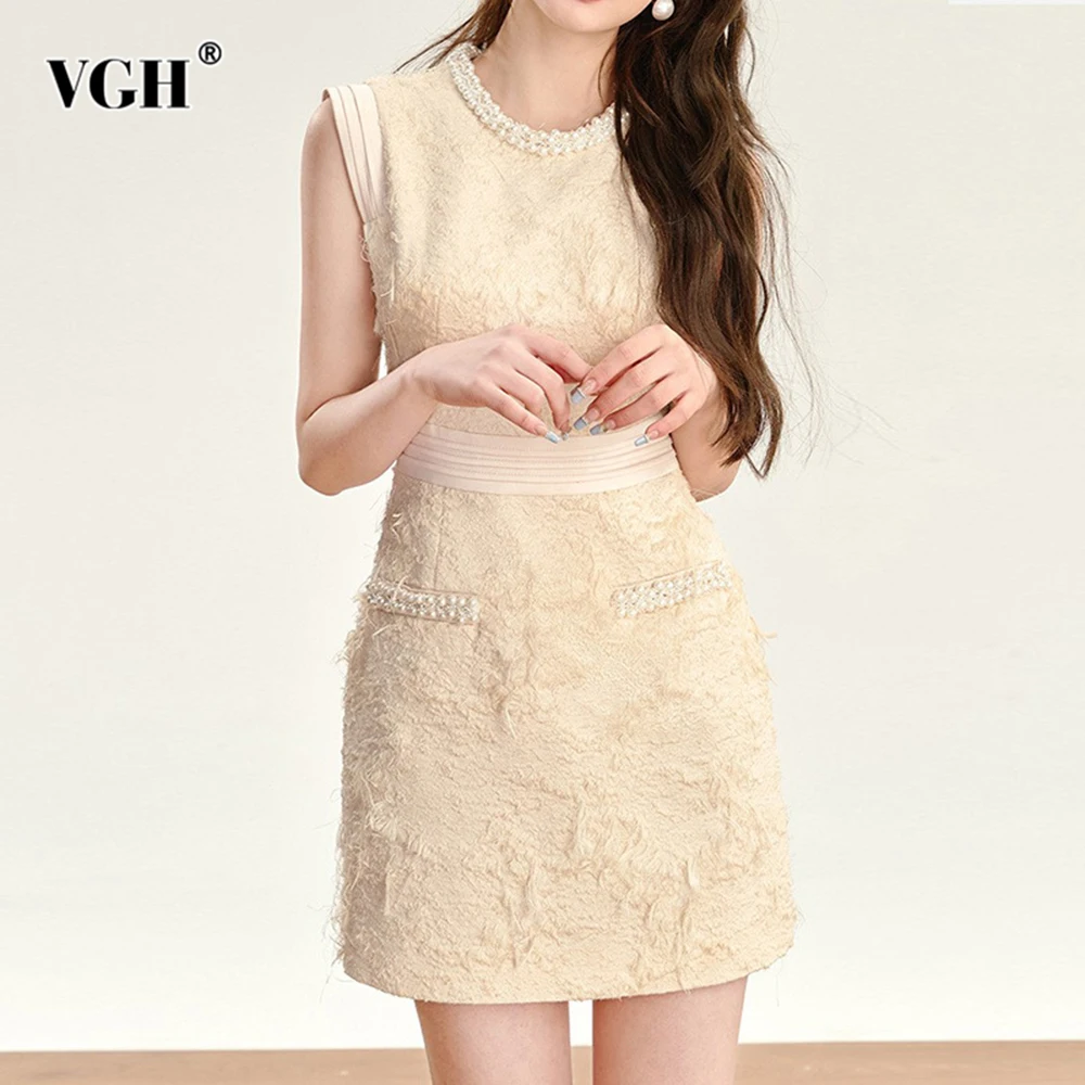 VGH Elegant Spliced Pearl Solid Dresses For Women Round Neck Sleeveless High Waist Spring Temperament Dress Female Fashion New
VGH Elegant Spliced Pearl Solid Dresses For Women Round Neck Sleeveless High Waist Spring Temperament Dress Female Fashion New