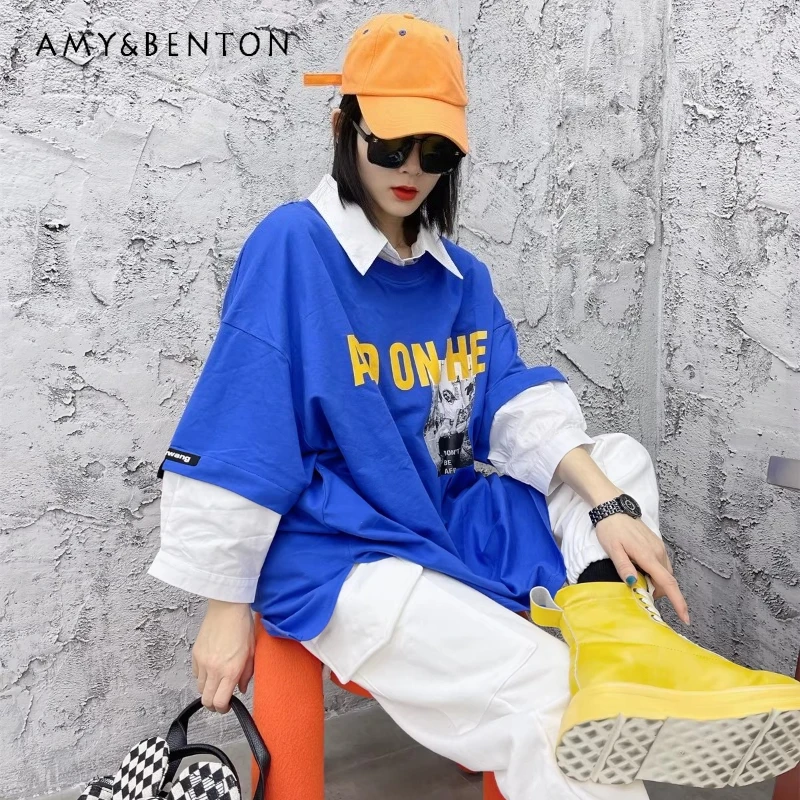 Y2k Loose Oversized Faux 2-piece Patchwork Polo Collar Top With Letter Print Three-quarter Sleeves Pure Cotton Women's T-shirt
Y2k Loose Oversized Faux 2-piece Patchwork Polo Collar Top With Letter Print Three-quarter Sleeves Pure Cotton Women's T-shirt