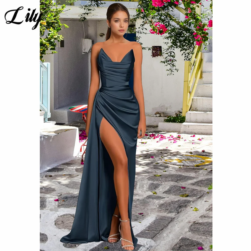Lily Dark Teal Evening Dresses Sweetheart Satin Ruched Formal Dresses with High Split Dresses For Special Events Customized 
Lily Dark Teal Evening Dresses Sweetheart Satin Ruched Formal Dresses with High Split Dresses For Special Events Customized