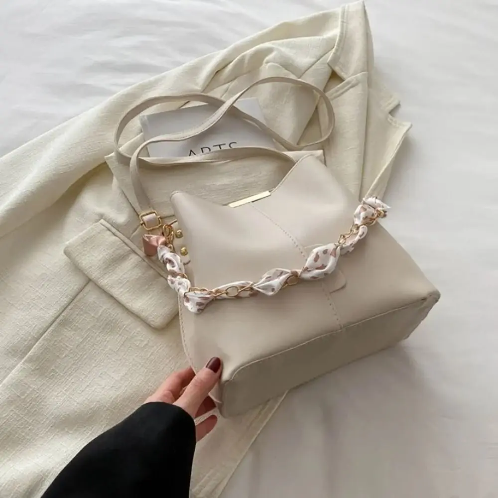 1Pcs PU Leather Bucket Bag Gold Chain Silk Scarf Decor Versatile Crossbody Bag Work Fashion Casual Style Large Capacity 12 S2659f9f4209247d0bcb4b5068a9795a1i