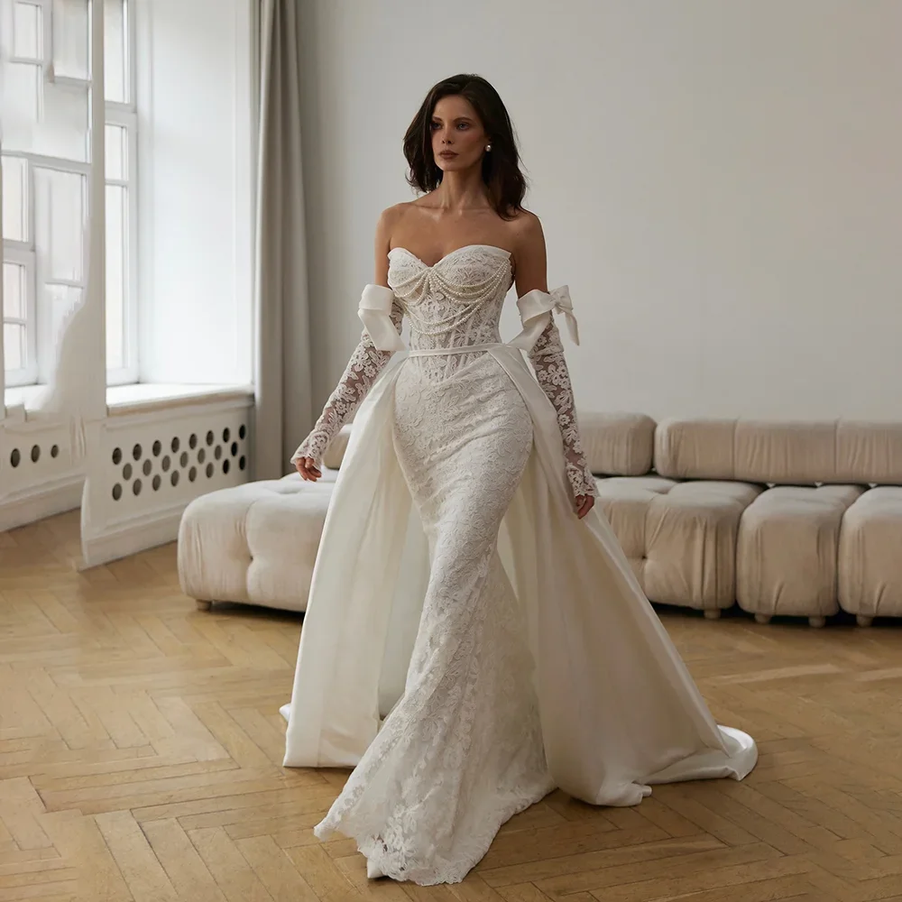 Customized Exquisite Lace Detachable Train Mermaid Wedding Dresses Strapless Bodice Bridal Wedding Gown Vestido de novia
Customized Exquisite Lace Detachable Train Mermaid Wedding Dresses Strapless Bodice Bridal Wedding Gown Vestido de novia
