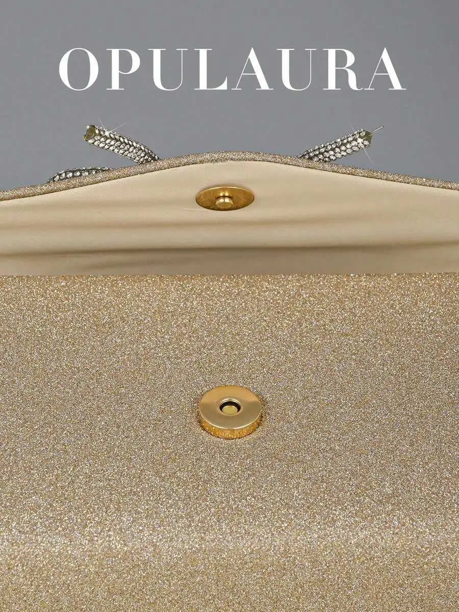 Elegant Gold Glitter Clutch With Sparkling Rhinestone Bow Detail For Formal Events, Weddings, And Evening Parties
Elegant Gold Glitter Clutch With Sparkling Rhinestone Bow Detail For Formal Events, Weddings, And Evening Parties